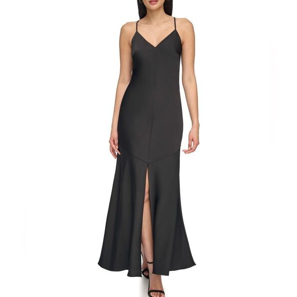 Vince Camuto Satin Slip Maxi Dress V-Neck Front Slit Formal Black Size 4